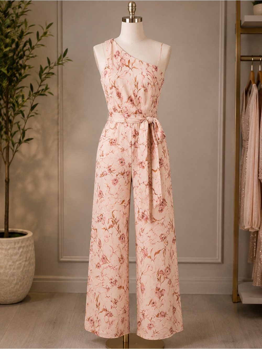 Blush Floral One-Shoulder Jumpsuit with Tie Waist